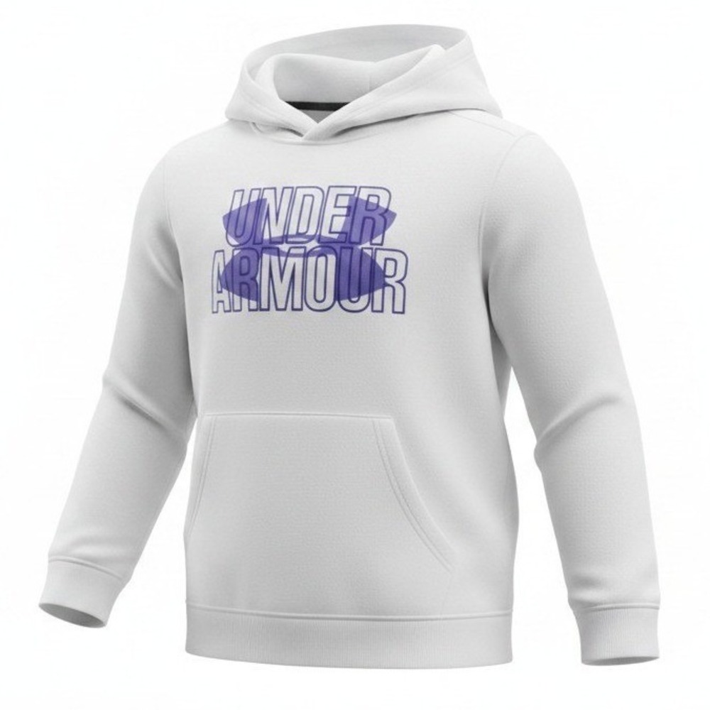 Under Armour Hoodie Youth Small White Purple Graphic Logo Pullover Fleece